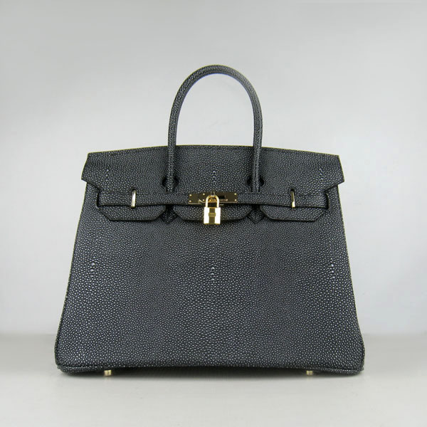 High Quality Fake Hermes Birkin 35CM Pearl Veins Leather Bag Black 6089 - Click Image to Close